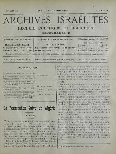 Archives israélites de France. Vol.60 N°09 (02 mars 1899)
